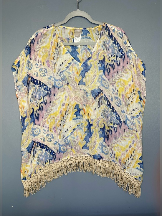 Chico's Tops - Chicos Tunic Blouse S/M Multicolor Sheer Linen Fringe Poncho Beachy Boho Top